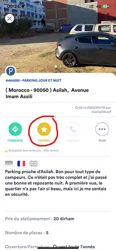 mettre en favoris dans l'application Park4night