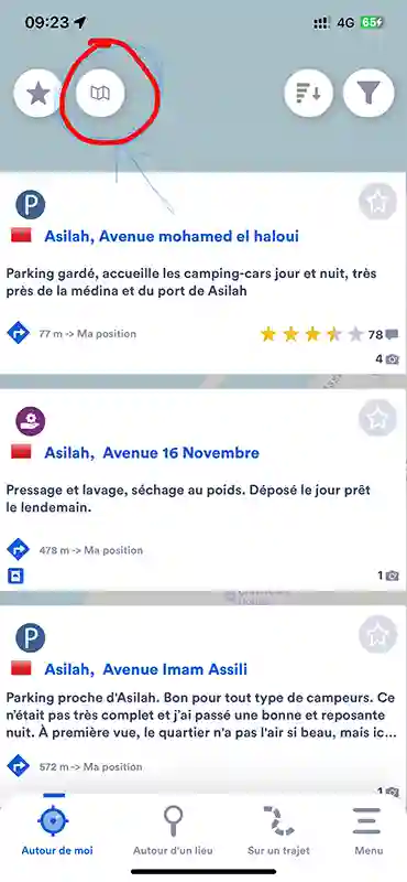 l'option carte sur l'application park4night